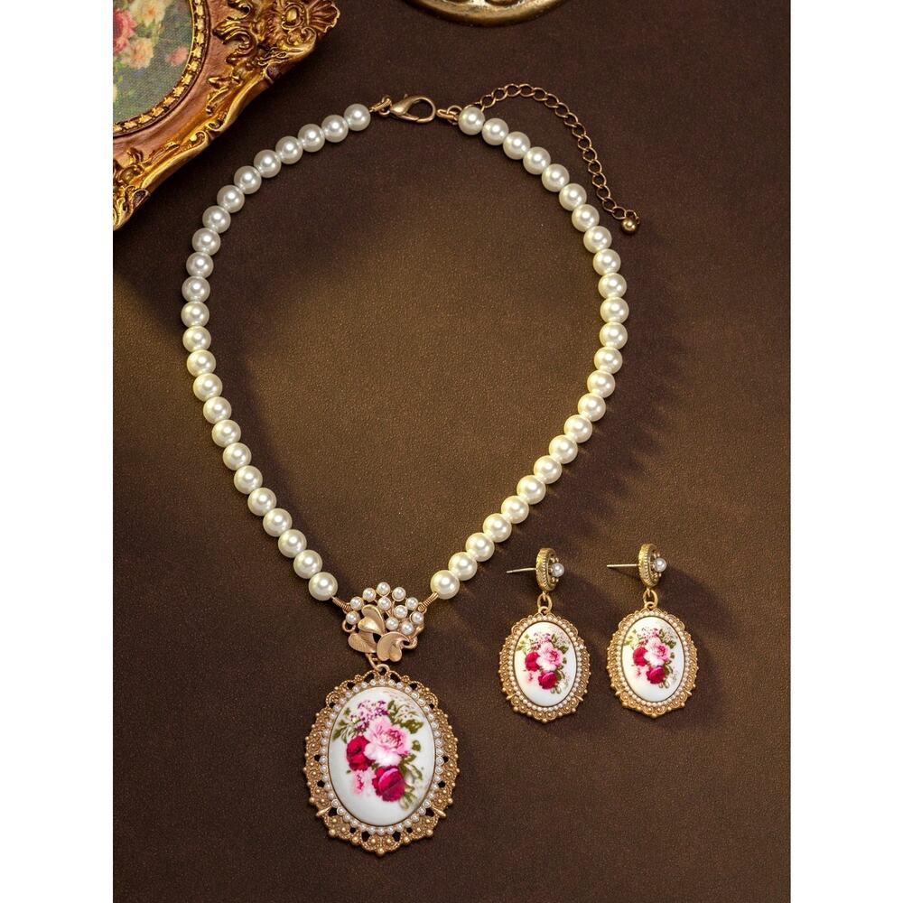 Vintage Floral Cameo Necklace Earrings Set Gold Pearl Rose Pendant Jewelry Gift